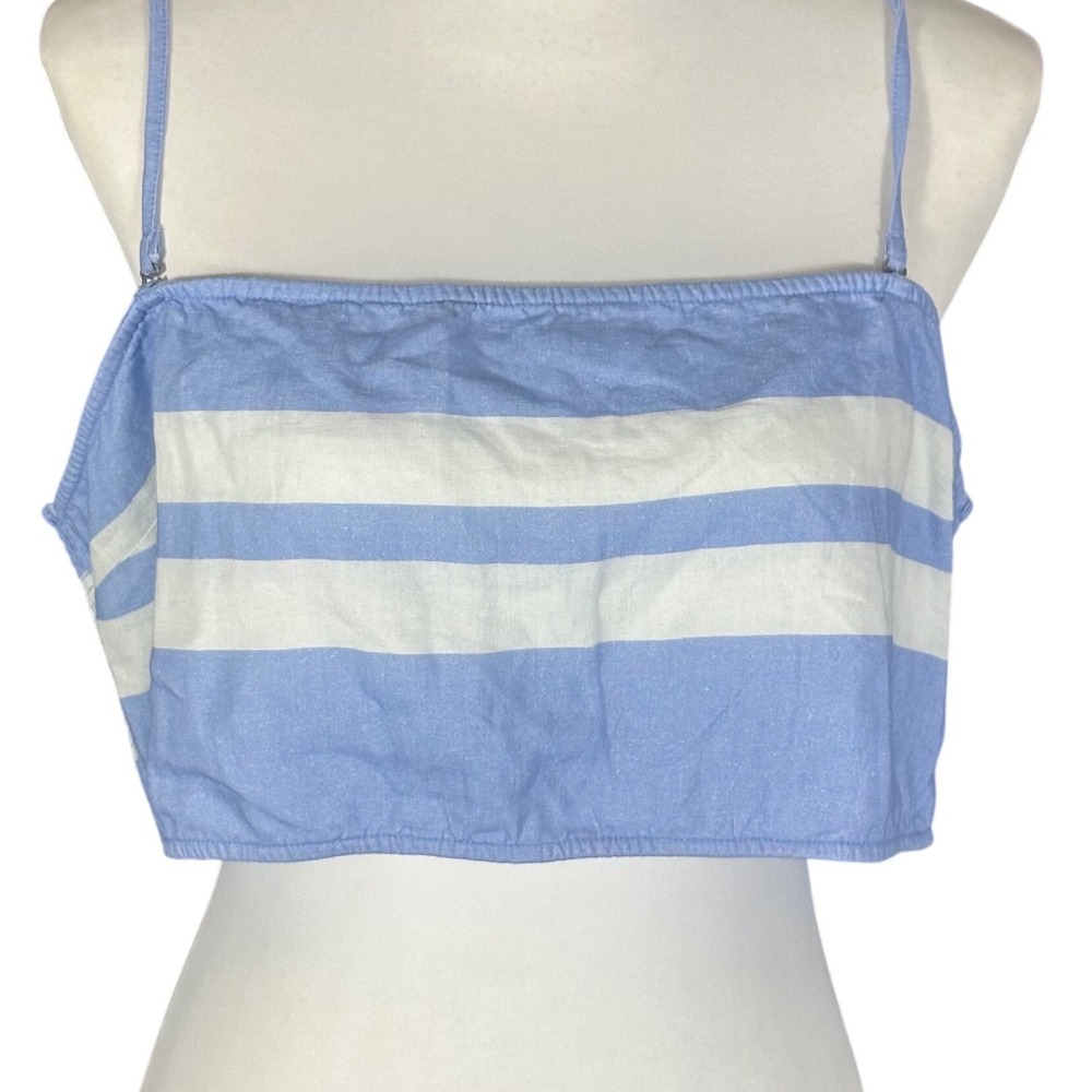 Anthropologie Crop Top NWT Women XL Blue Striped Linen Blend Smocked Celandine